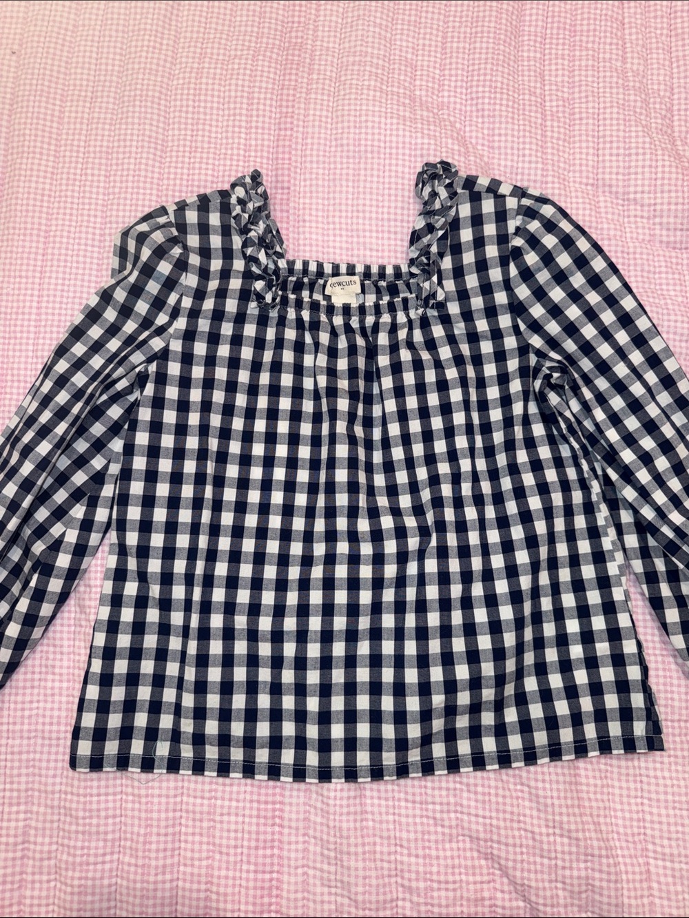 Crewcuts Navy and White Gingham Ruffle Square-Neck Top